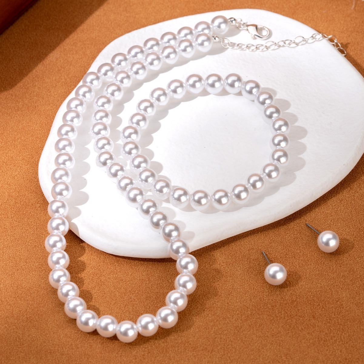 French Style Elegant Socialite Versatile Pure White Imitation Pearl Necklace Bracelet Earrings Three-Piece Set Exquisite Set