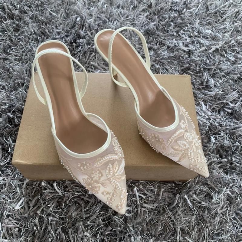 Dress Shoes Brand Designer White Women Wedding Pumps Mesh Embroidered Flowers Back Strap Sexy High Heels Ladies