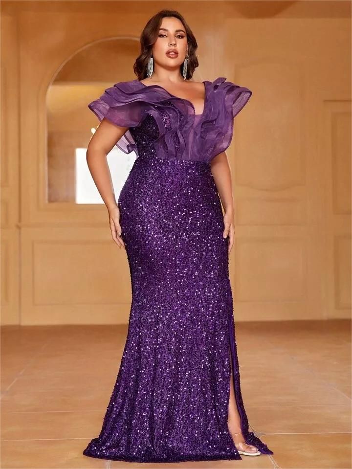 Purple Plus Size Sequined Prom Dresses Mermaid Sheer Plunging Neckline Evening Gowns Beaded Floor Length Special Occasion Dress