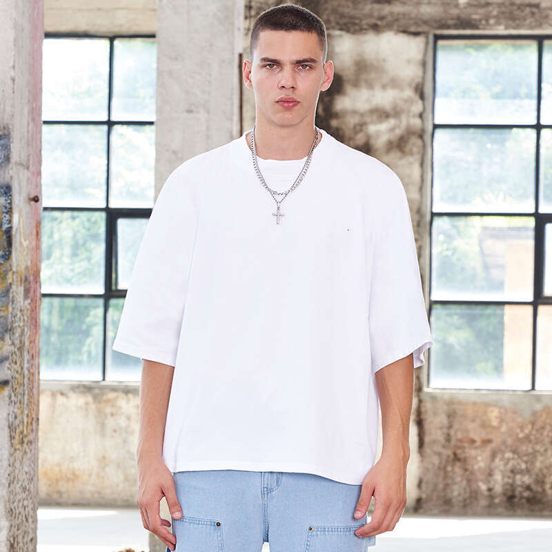 Men's fashion brand small collar heavy cotton t-shirt, American street style, loose fit, large size, boxy, and wide, men's short sleeve