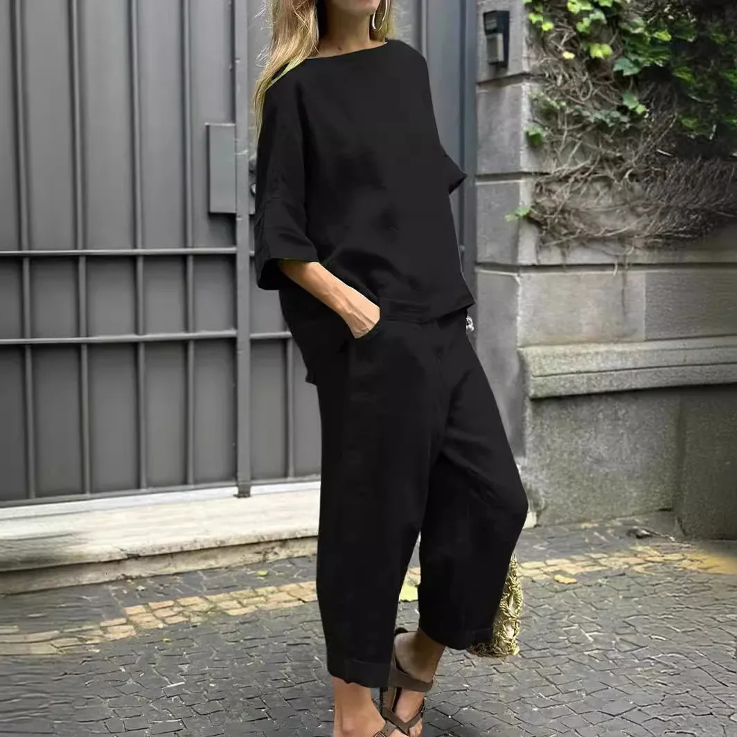 S-5XL Summer Womens 2-piece Plus-size Cotton and Linen Shirt High-waisted Pant Suit 2 Piece Sets Womens Outfits 260305