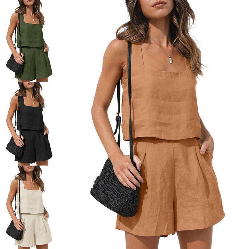Amazon's new European American foreign trade women's 2-piece casual set includes linen shorts and a sleeveless top