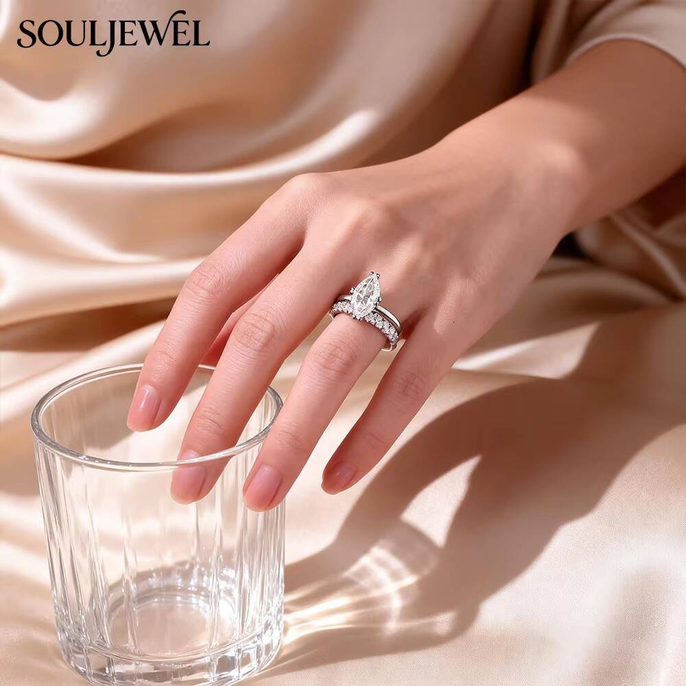 Souljewel Marquise Moissanite Combination Stacking Rings D Color VVS Sterling Silver Wedding Engagement Anniversary Bands