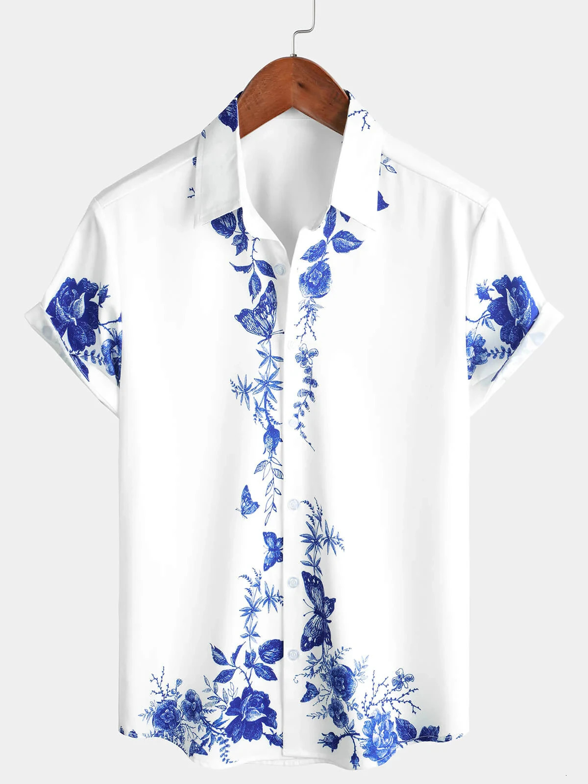 Mens Blue Floral Print Hawaiian Button Down Summer Beach Casual Collar Short Sleeve Shirt Ropa Casual Para Hombres 260305