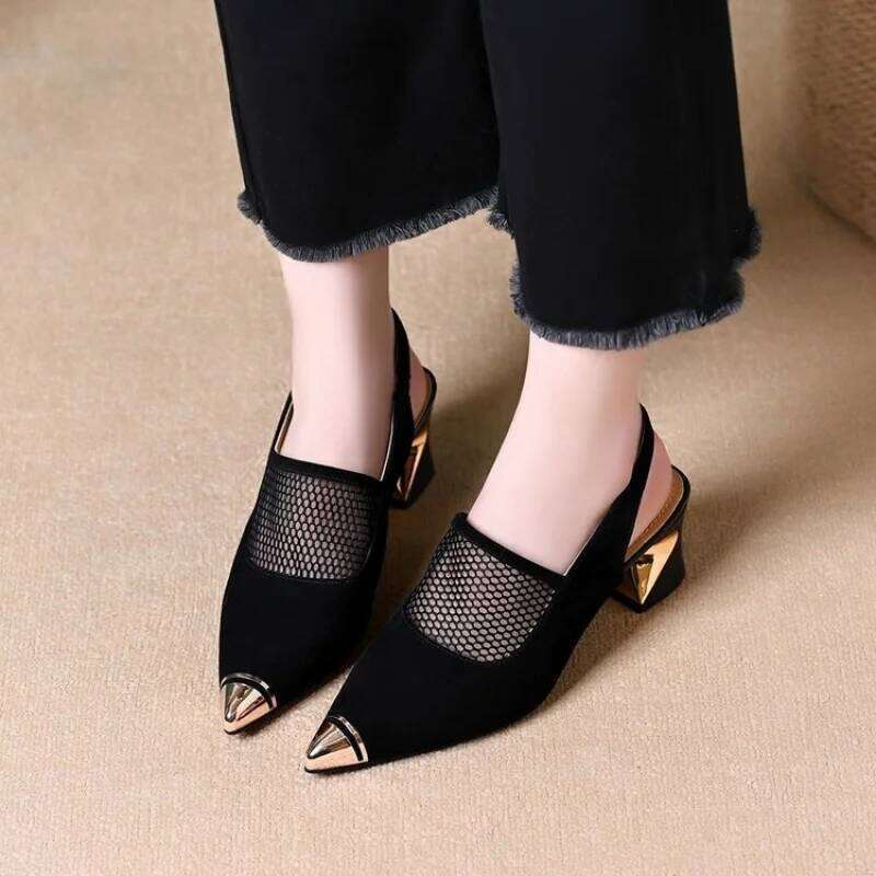Women Cap Sandals Pointed Toe Backless 2026 Summer New Arrival Soft Leather Mid Block Heel Cutout Mesh Mom Shoes