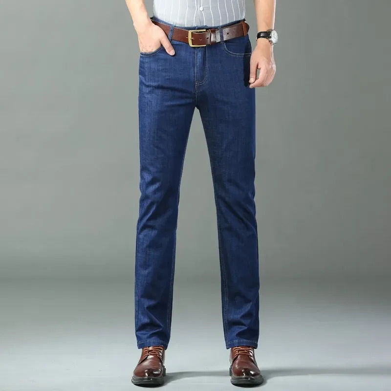 Ice Silk Thin Denim Jeans for Men Blue Straight Stretch Cotton Pant Business Casual Lightweight Trousers Spring Summer 260228