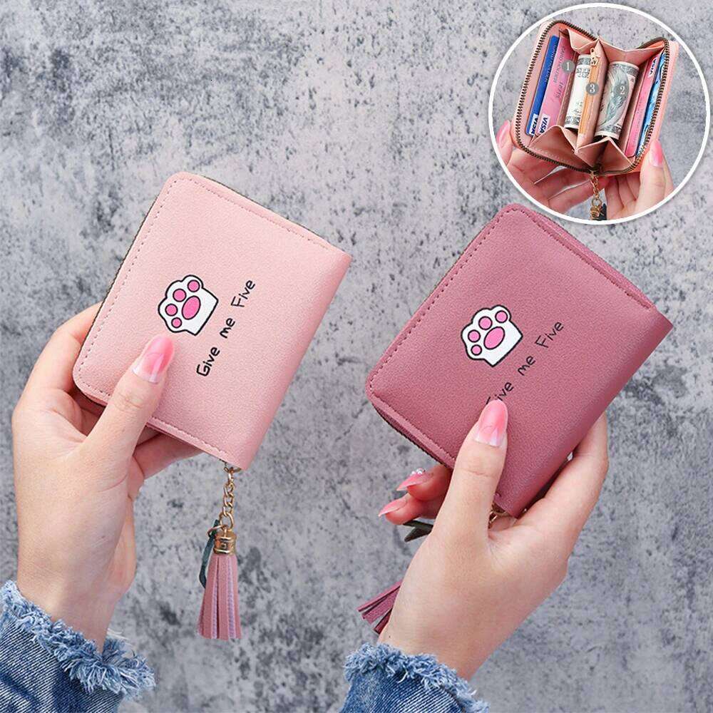 New Women's Fashion Short Casual Student Coin Purse Cute Cartoon Cat Paw Print Tassel Zipper Card Case Designer Wallet C260304