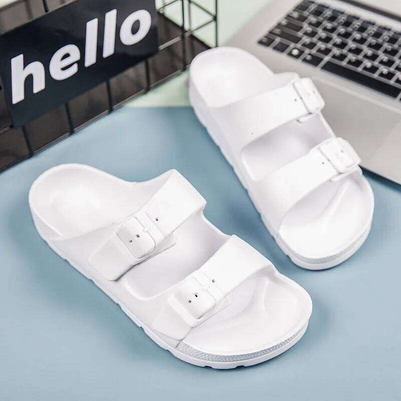 Litfun Women Summer New Fashion Double Buckle Outdoor Non-slip Beach Shoes Soft EVA Sandals Couple Casual House Slides