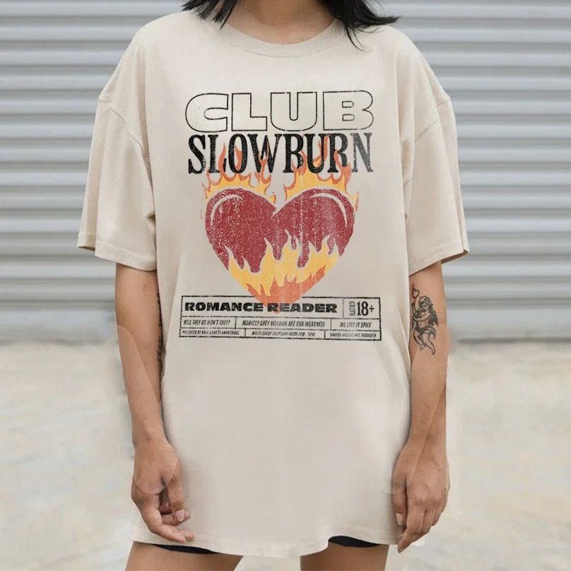 Slow Burn Book Club Shirt Bookish Shirt Romance Women Cotton Casual Loose Short Sleeve T Shirt Vintage O Neck Top Tee Clothes 260304