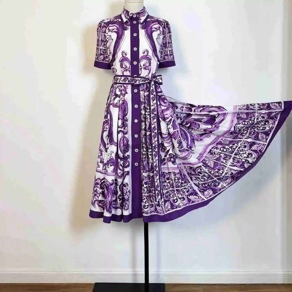 Fashion Summer Floral Long Dress Women Purple Porcelain Print Midi Dresses Shirt Single Breasted Office Lady Work Holiday Runway Mdng260306