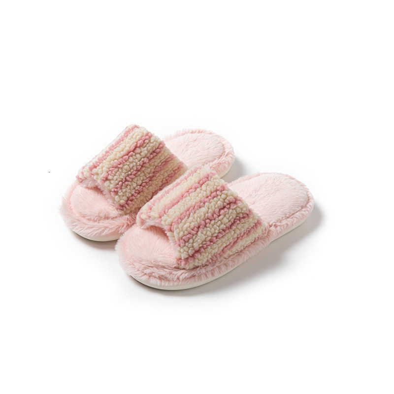 Striped Color-Block Open-Toe Cotton Slippers for Women Ins Style Furry Slippers Designer Home Plush Slippers S260305