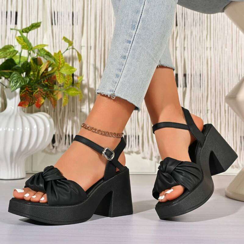 2026 new summer comfortable and elegant high-heeled sandals with fashionable temperament bow tie thick heel casual women's shoes