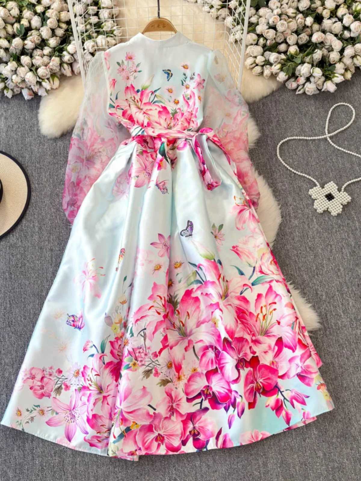 European Fashion Printed Dress Woman 2026 New Slim Waist Lantern Sleeve Temperament Big Swing Robes Gauze Splicing Vestidos X260306