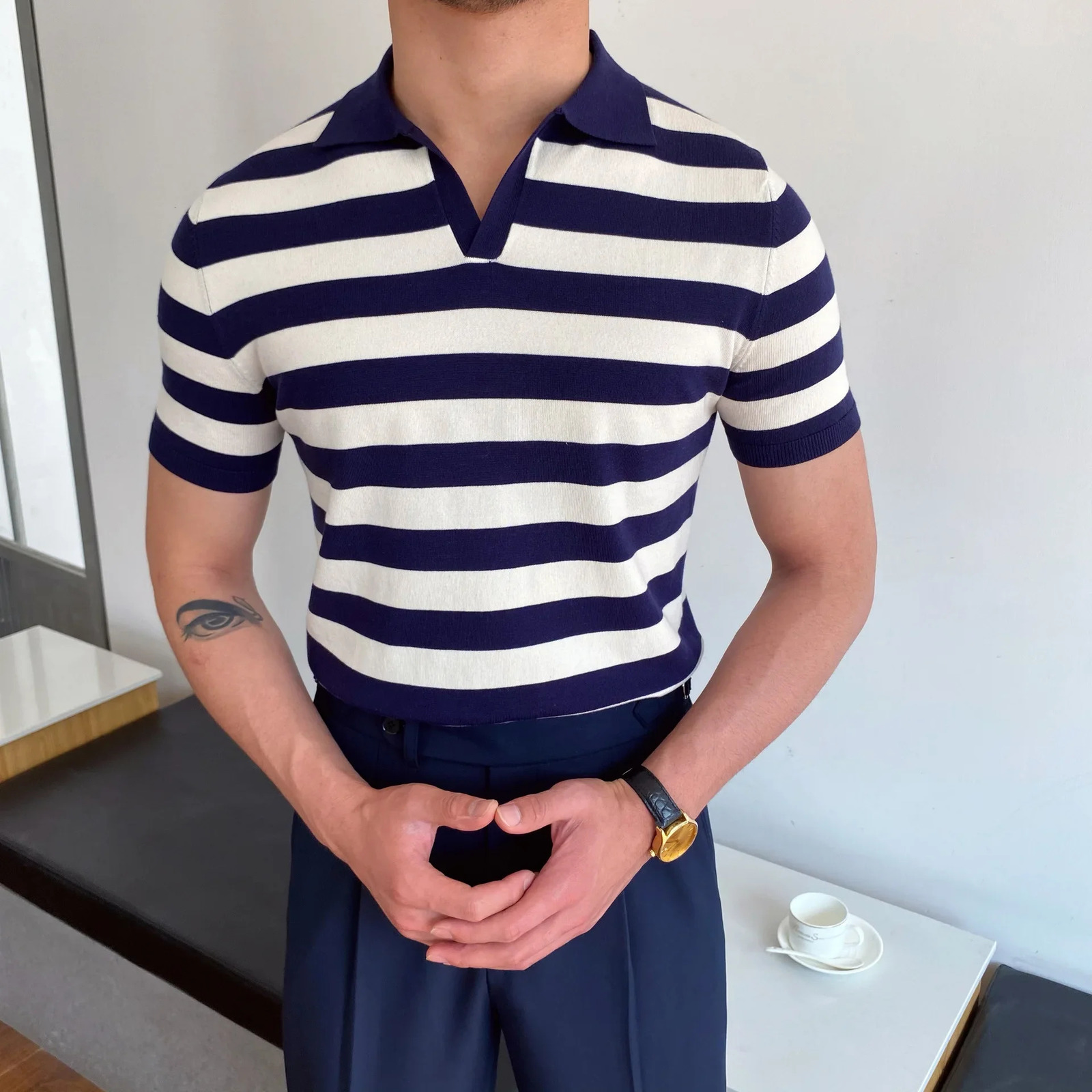 Mens Polo Shirt ElbowSleeved Tshirt Fashion Collar SlimFit Men Clothing Woolen Sports Tee Man Golf EUR 260302