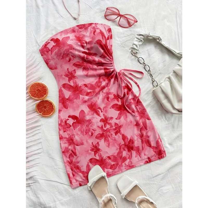 Womens 2025 Floral Print Tube Mini Dress Strapless Backless Party Club Short Ruched Drawstring Bodycon Party Dresses Streetwear X260306