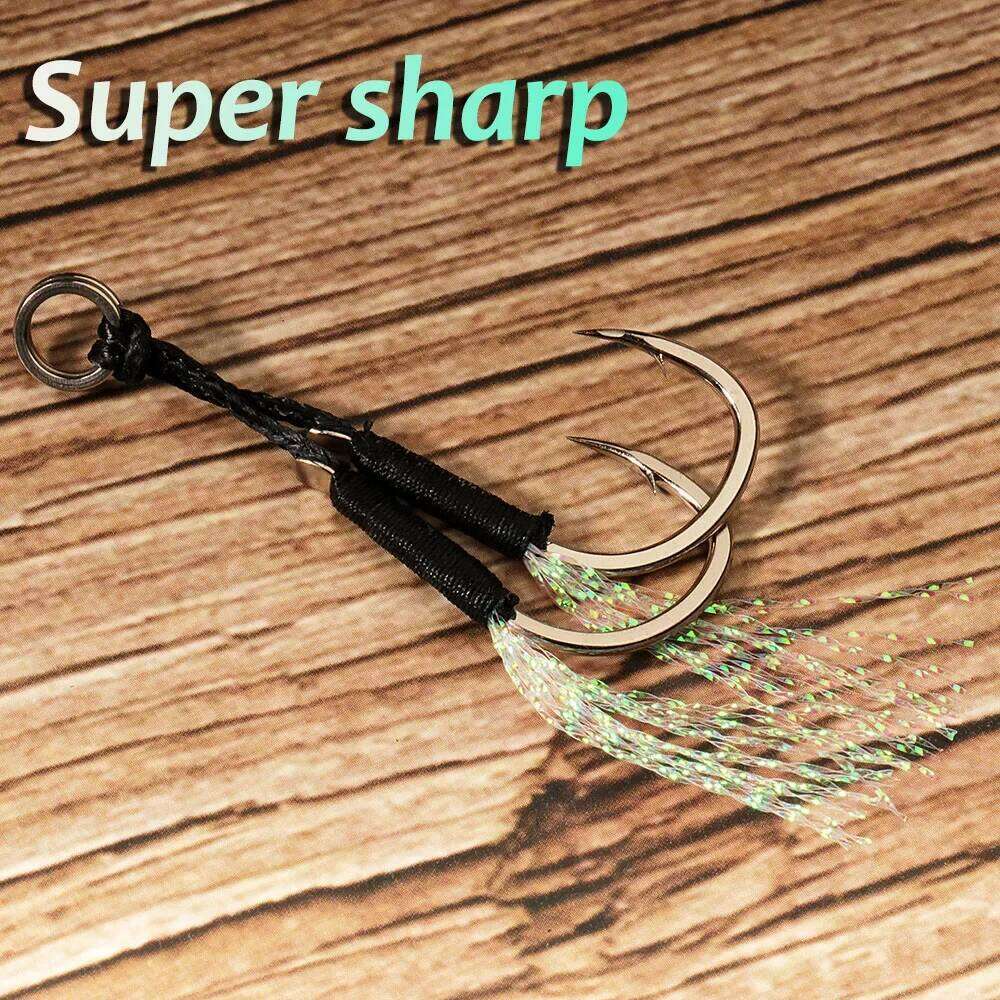 10 Pairs Cast Jig Assist Hook High Carbon Steel Angle Barbed Thread Feather Fishing Tackle Slow Jigging Tool Pesca Lure Fishhook S260305