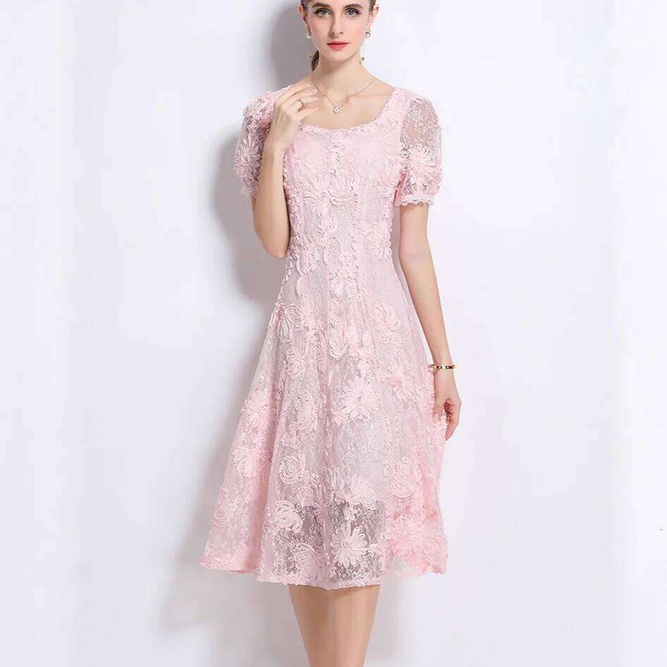 Sweet Luxury Formal Evening Long Dresses Women Short Sleeve 3D Flower Lace Embroidery Hollow Out Midi Dress Vestidos De Fiesta Mdng260306