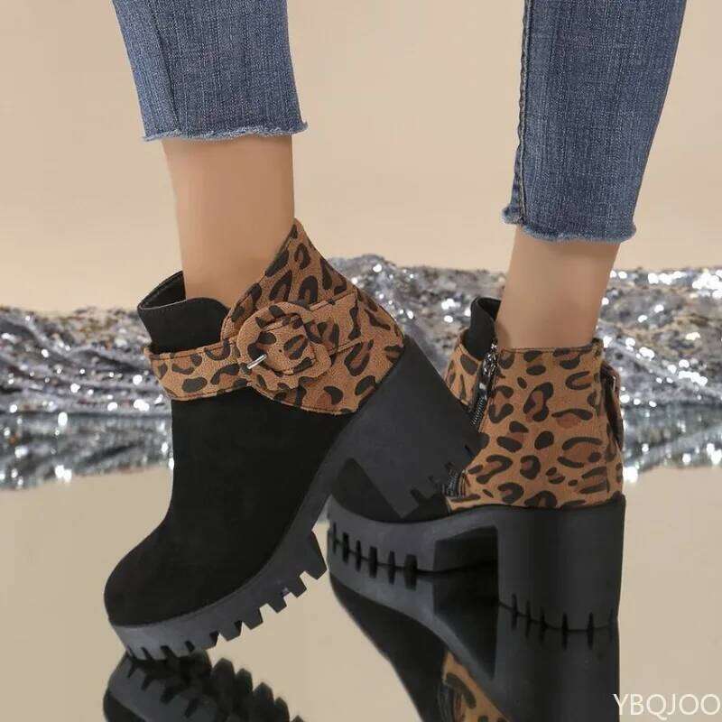 2026 Large Spring and Autumn Fashion New High Heels Thick Bottom Short Leopard Pattern Side Zipper Women's Boots