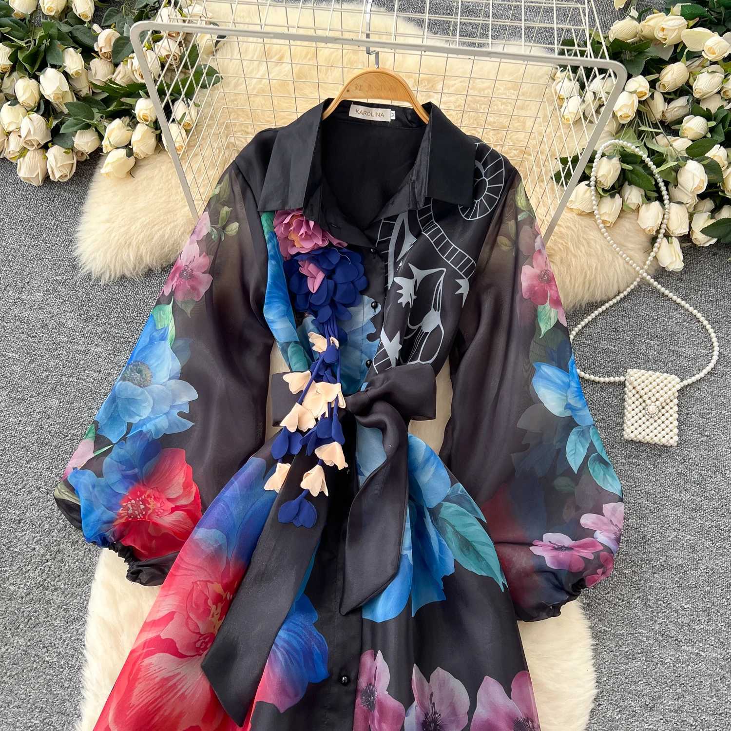 Fresh Sweet Floral Print Fairy Dress Court Style Puff Sleeve Bandage Robe Female Turn-down Collar Single Breasted Vestidos X260306