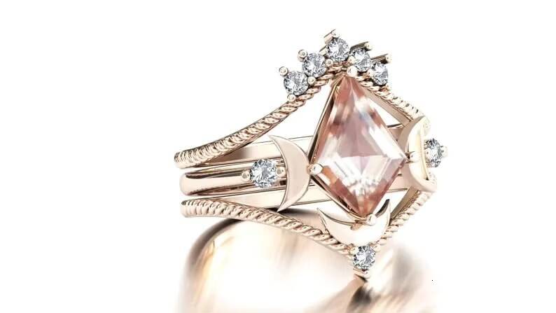 Moon of My Life Kite Shaped Morganite Wedding Ring Set Classic Antique Art Deco Engagement Ring with Rhodium Plating for Parties