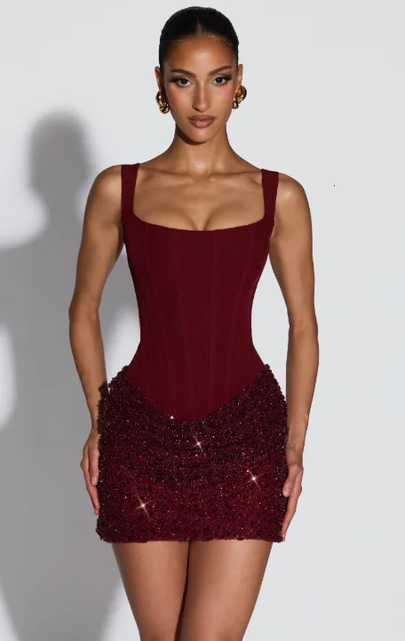 Sexy Sequin Patchwork Sling Mini Dress Women Chic Offshoulder Backless Waist Cinching Slim Short Dresses Lady Club Party Gowns 260302