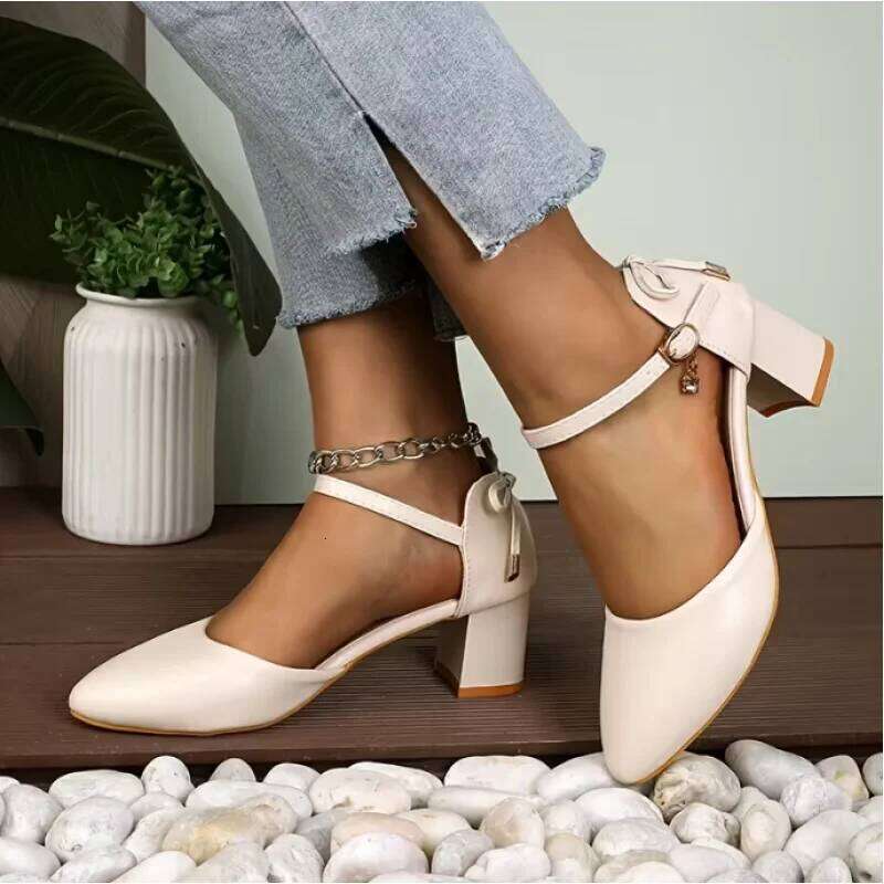 Women's Fashionable French Elegant Chunky Heel High Heels with Buckle Straps&Bowknot-Hollow-Out Mid-Heel Dressy Sandals for Lady