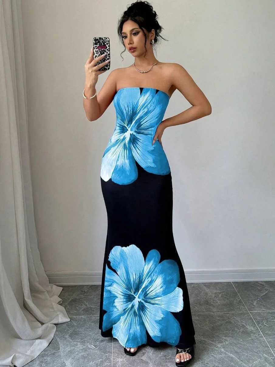 Fashion Milk Silk Fabric Floral Print Sexy Long Dresses Elegant Backless Bodycon High Waist Midi Dress 2025 Summer Vacation Boho X260306