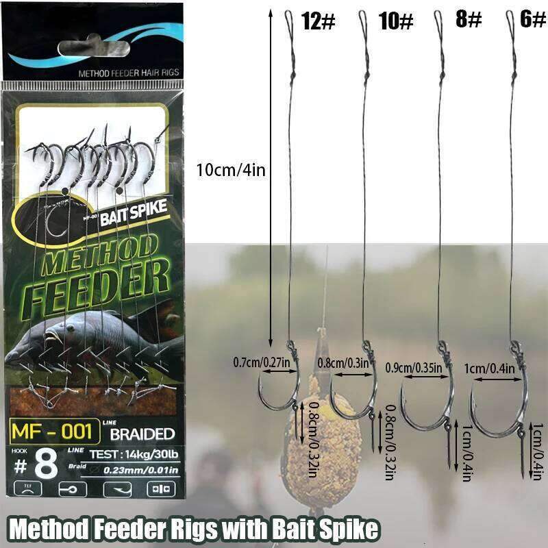 8PCS Premium Method Feeder Rig Bait Spike,Maggot Clip,Quick Stop - Pre-Tied, Strong Line Hair Rig, Sharp Hooks for Carp Fishing S260305