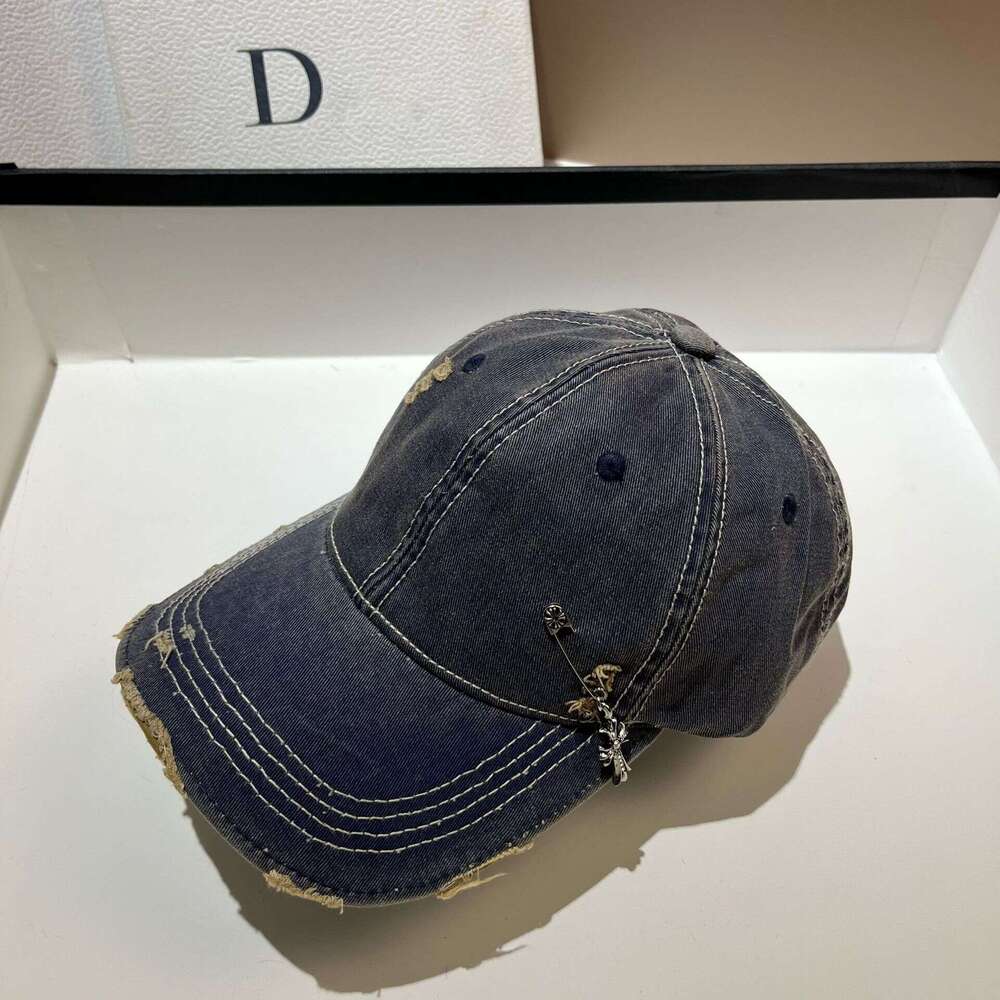 Trendy Cross pin washed denim baseball cap Casual sports hat youthful Unique Distressed Color-blocking American style