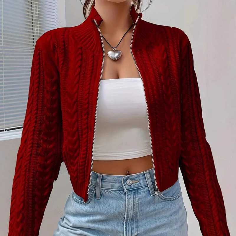 Stand Collar Twist Knitted Cardigan Women Korean Zip Up Long Sleeve Cropped Cardigans Woman Solid Color Slim Fit Sweater Coat M260306