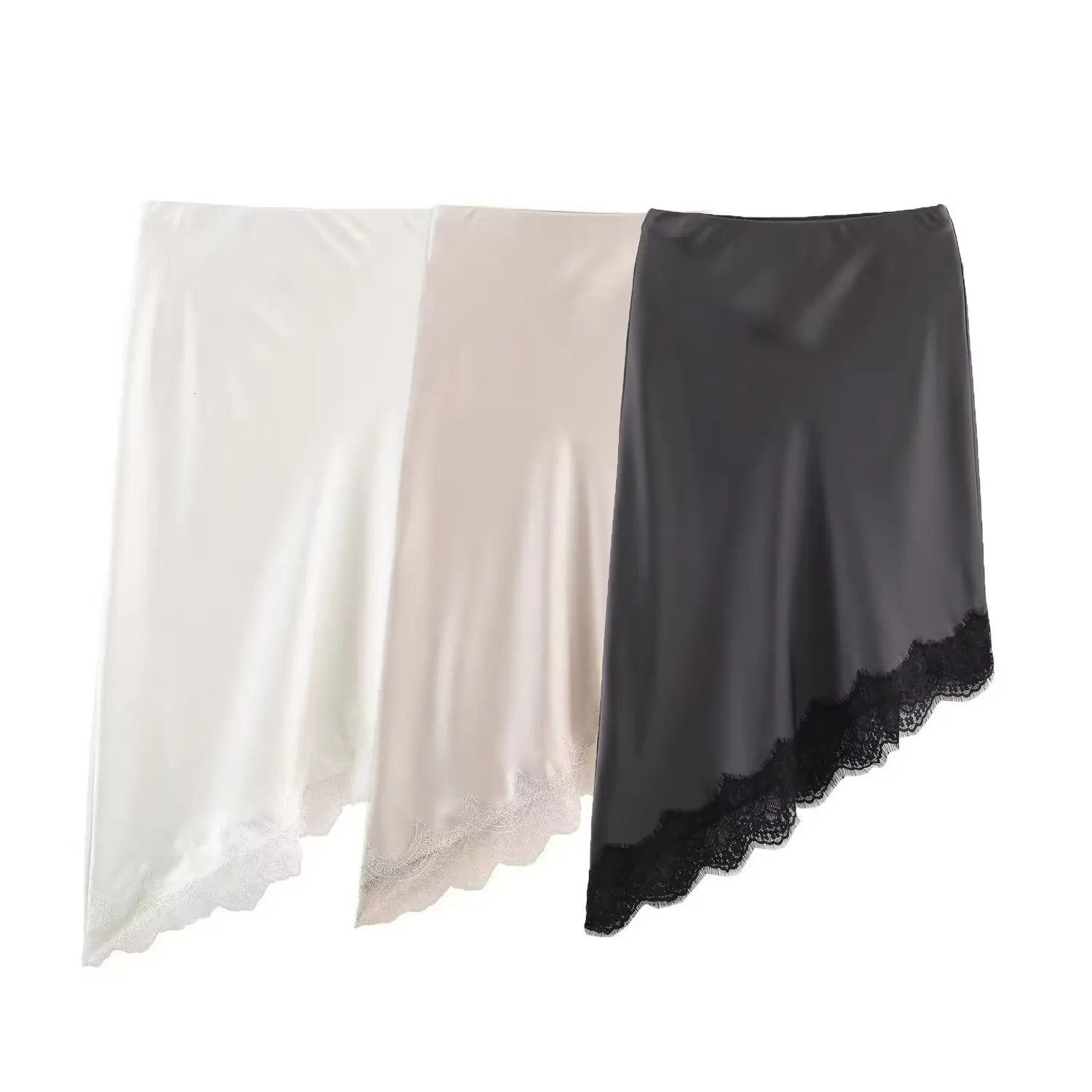 BSAY Lace Asymmetry Satin Texture Skirt Women Fashion Autumn Winter Solid Chic Female High Waist Elegant Skirts Mujer 260306