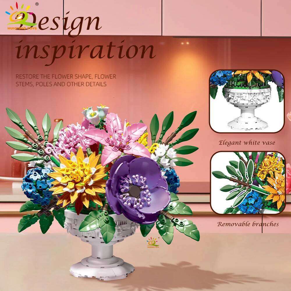 HUIQIBAO 1081+PCS MOC Flower Bouquet Model Building Block Potted Series Brick Construction Toy For Children Desk Home Decoration Z260306