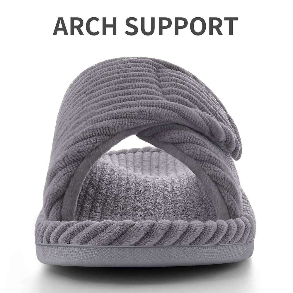 Litfun Open Toe House Slippers For Women New Corduroy Indoor Flat Slides With Adjustable Strap Four Season Lady Orthopedic Shoes