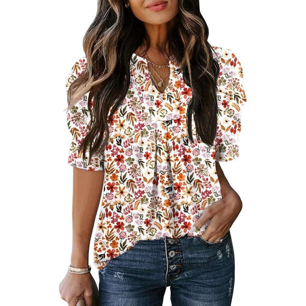 Women's Puff Short Sleeve Shirt V Neck Summer Tops Designer Casual Fashion T Shirts Loose Fit Blouses