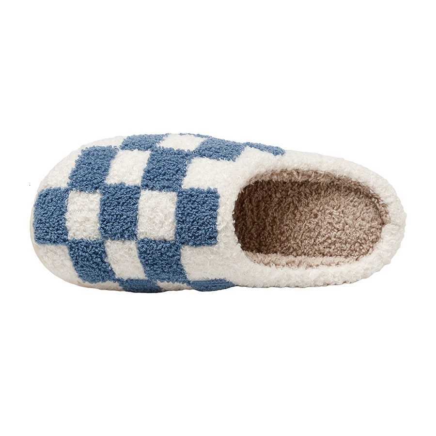 Fuzzy Women Men Slippers Fashion Checker Embroidery Houseshoes Cozy Fluffy House Retro Checkered Print Winter Home Shoes S260305