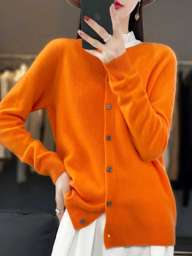 Aliselect Autumn Winter Women 100 Merino Wool Sweater O-Neck Tops Long Sleeve Basic Cashmere Knitwear Cardigan Clothing Coat M260306
