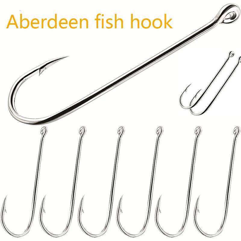 50 pieces/box Aberdeen extended straight handle hooks, carbon stainless steel fish hooks for freshwater and saltwater use S260305