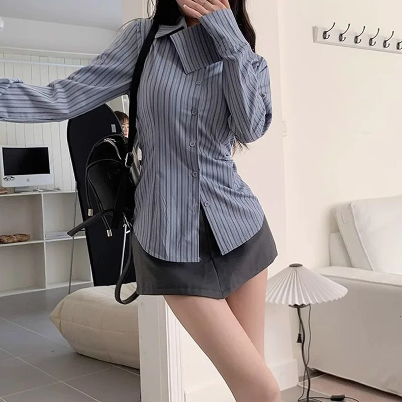 Korean Blue Striped Long Sleeve Shirt Jacket Womens Spring Waist Cinching Slimming Top Women Clothing 260306