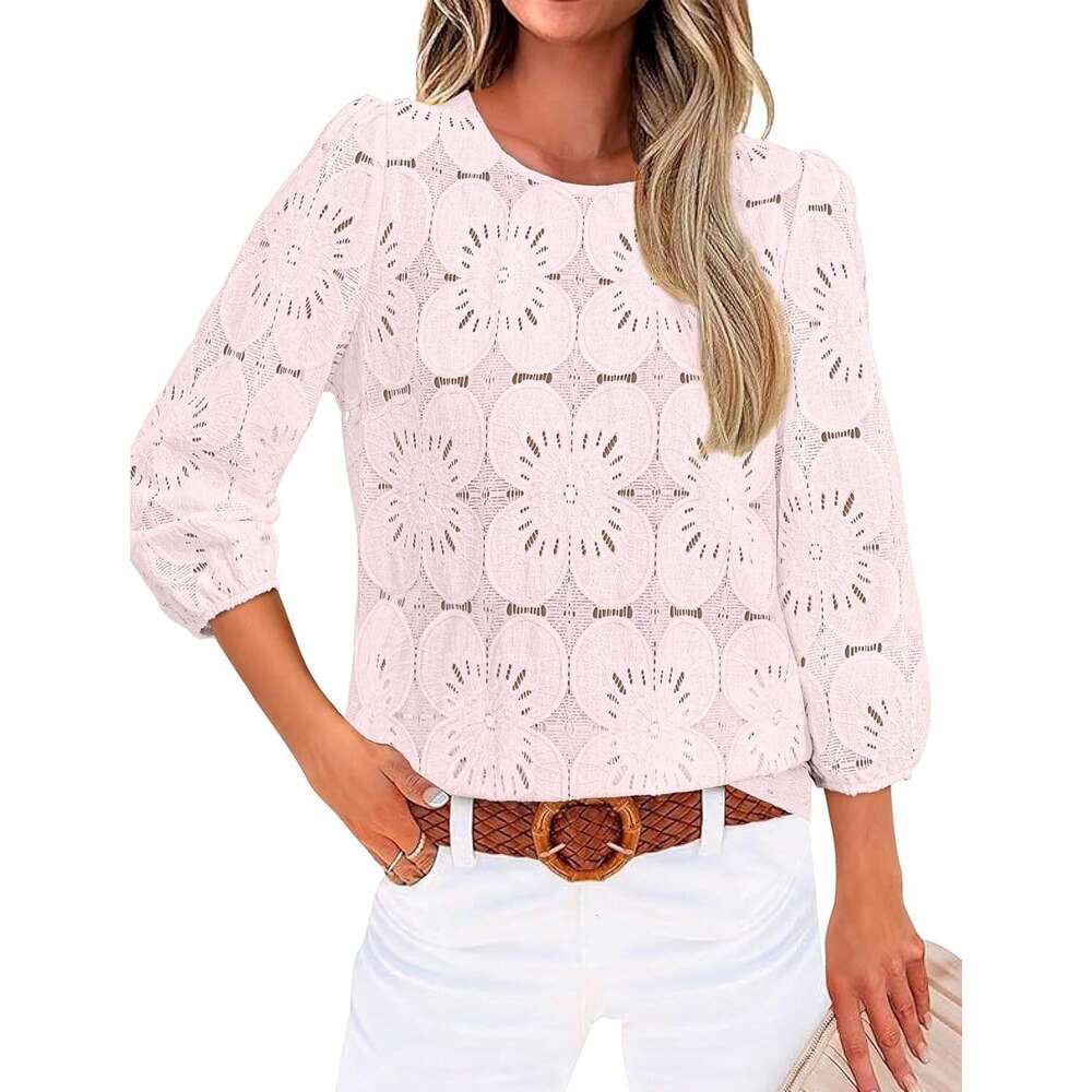 Women Blouses Dressy Casual 3/4 Length Sleeve Tops Eyelet Lace Spring Designer Summer Shirts Beach Vacation Clothes