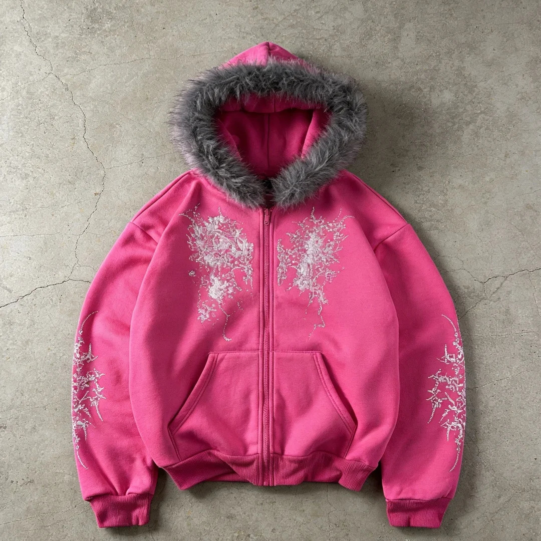 Women Pink Faux Fur Trim Glitter Thorn Print Zip Up Hoodie 2026 Y2K Sweet Cool Oversized Hooded Sweatshirt 260228