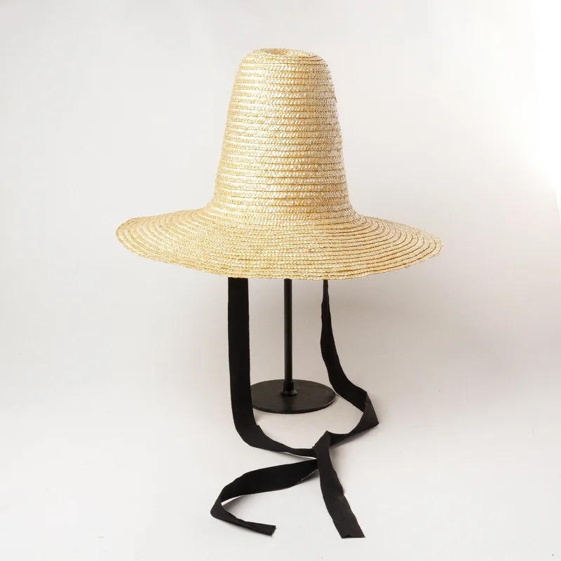 USPOP Retro Pointed High Top Straw Sun Hat with Straps Fashion Show Style and Wide Brim Straw Hat 260228
