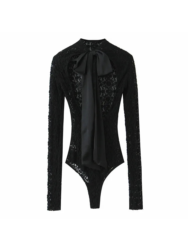 Women Autumn Lace Bodysuit Womens Bodysuit Black Cutwork O-Neck Long Sleeves BodysuitsSplicing Mini Skirt Suit 260304
