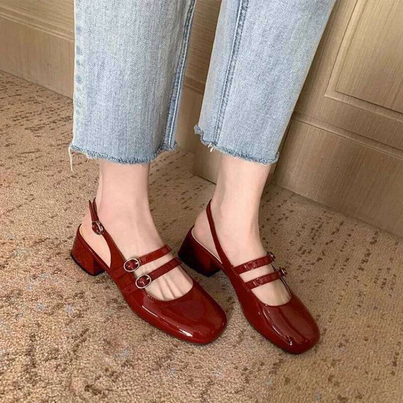 French Vintage Double Buckle Strap BackOpen Summer New Fashionable VintageLarge Heel Mary Jane single ShoesWomen's Rubber Upper