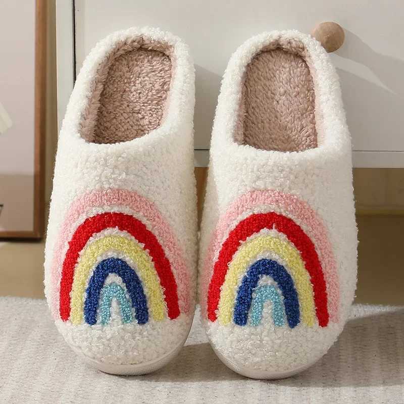 Women Rainbow Slippers Men Retro Preppy Slippers Winter Warm Plush House Fluffy Living Room Shoes Female New Christmas Gifts S260305