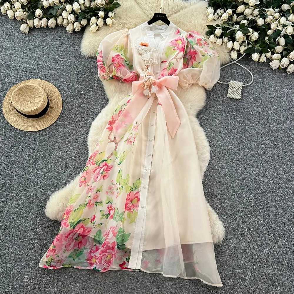 Chic vintage Sexy V-neck Three-dimensional Spliced Fairy Summer Women Boho Sundress women clothing Long dress X260306