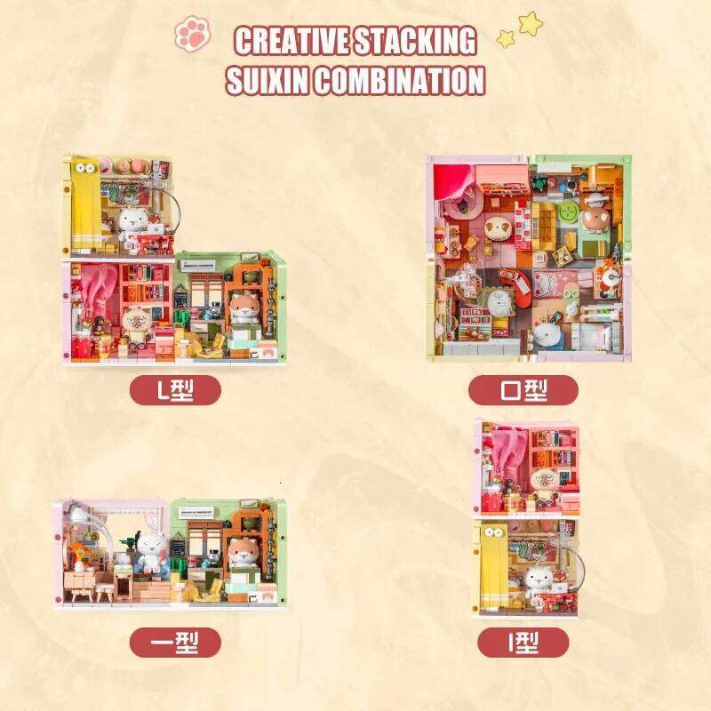 City Street View Creative Kitten House Building Blocks DIY Puzzle Desktop Ornament Cute Toys Bricks Children Birthday Gift Z260305