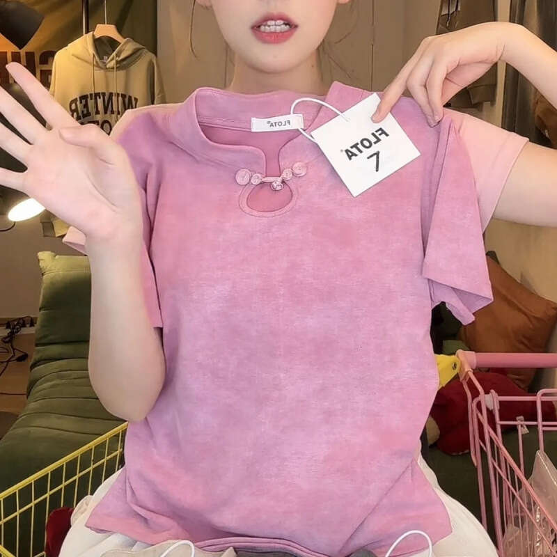 Chinese Style Button Down Tie-dye Short Sleeved T-shirt for Women New Chinese Style Slim Short Top Multi functional commuting top with hollowed out bu