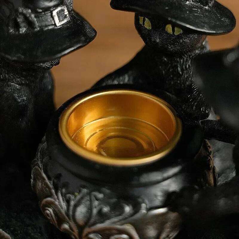 Halloween Decoration Figurines Familiar Cauldron Tea Light Black Witches Cats Candlestick Holder Home Bar Table Ornaments XJ260305
