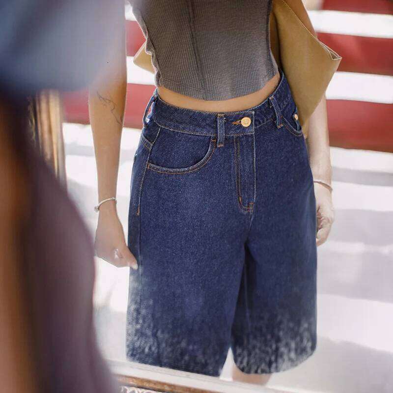 Maden New Vintage Navy Heavyweight Denim Shorts Women's Summer Embroidered Pants With YKK Zipper Wide Leg Straight Casual Jeans Mdng260306