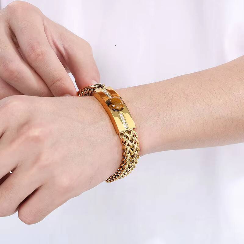Fashion Tiger Eye Stone Rhinestones Inlaid Bracelets Mens Stainless Steel Double Layer Herringbone Links Cuban Chain Bracelet